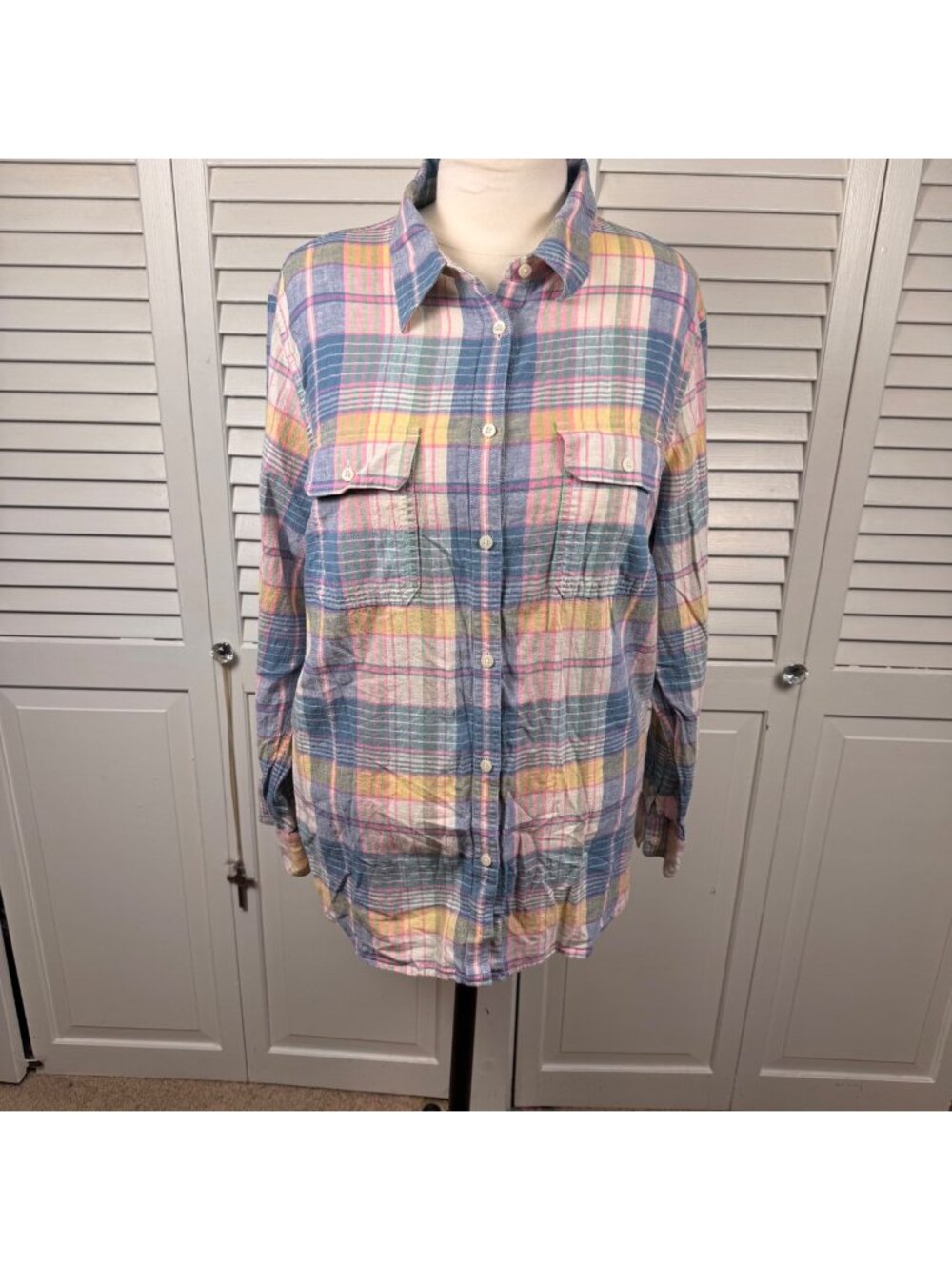 Chaps Plus size 2X Multicolor pastel Plaid linen cotton Button Up Shirt